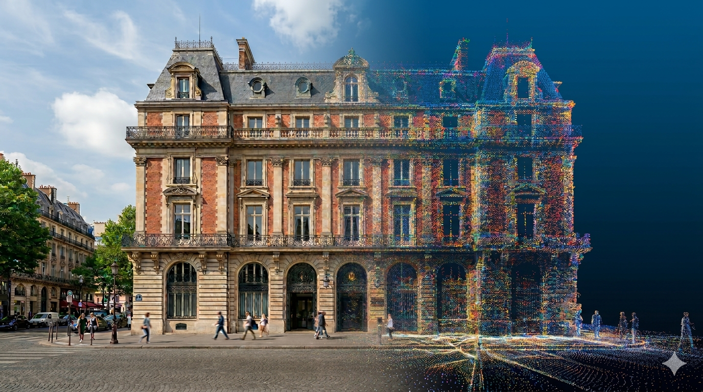 Comparison between a real photo and the same building shown as Gaussian Splatting